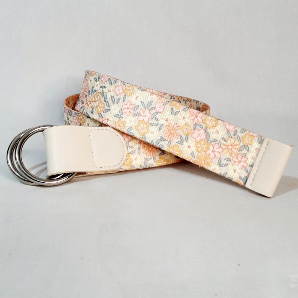 💎Beige Pastel Floral Print Fabric Belt Size Medium Round O Ring Buckle